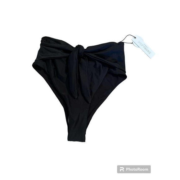 Swiminista Women’s High-Leg Tie Front Ruched Back Bikini Bottoms Size M  Black - Picture 2 of 5